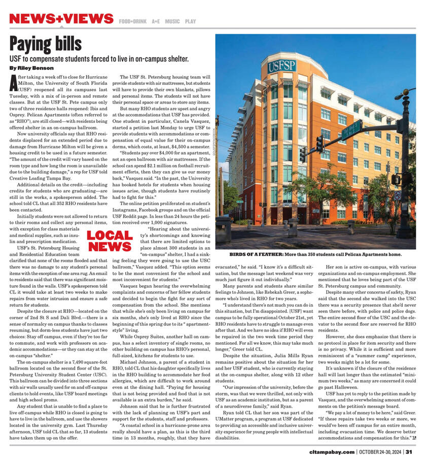 &quot;Paying bills&quot; a breaking story on the University of South Florida&#39;s mishandling of Hurricane Milton. Featured in the &quot;News+Views&quot; physical section of CL Tampa&#39;s Oct. 24, 2024 issue.